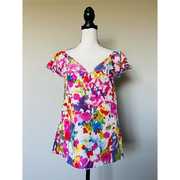 Le Shack By Tracy Feith Sz 4 100% Silk Watercolor Multicolor Print Top Blouse - Picture 1 of 12